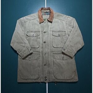 Vintage Orvis Flannel Lined Barn Coat Jacket Leather Collar Olive Green Men's L
